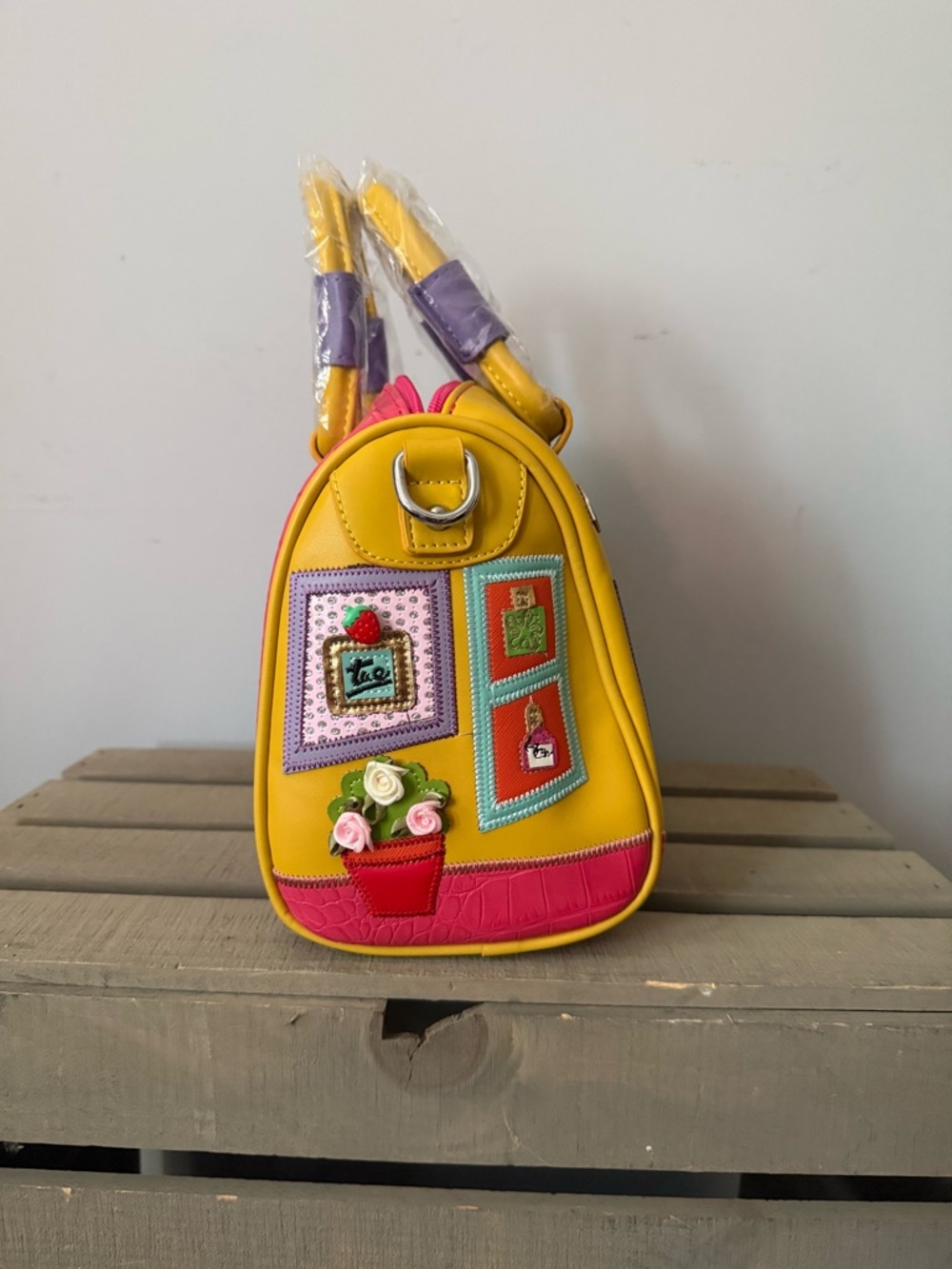 Colorful Appliqué Satchel with Yellow & Purple Accents - Picture 4 of 6